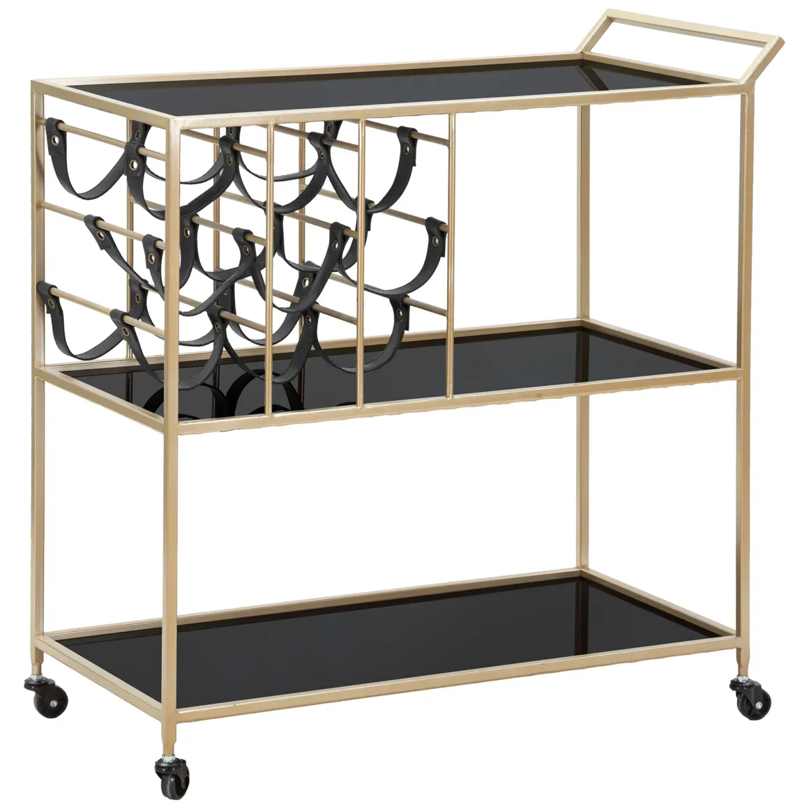 Carrello Nero oro 3 Ripiani Ruote 79x40x82h cm, con Portabottiglie - Druski
