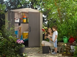 Casette Da Giardino > Dmora Casetta da Giardino Beige Nero Resistente Agli Agenti Atmosferici Presenza Finestre 184x111x201h cm, Tetto a due Falde - Tiffin Nero, Beige