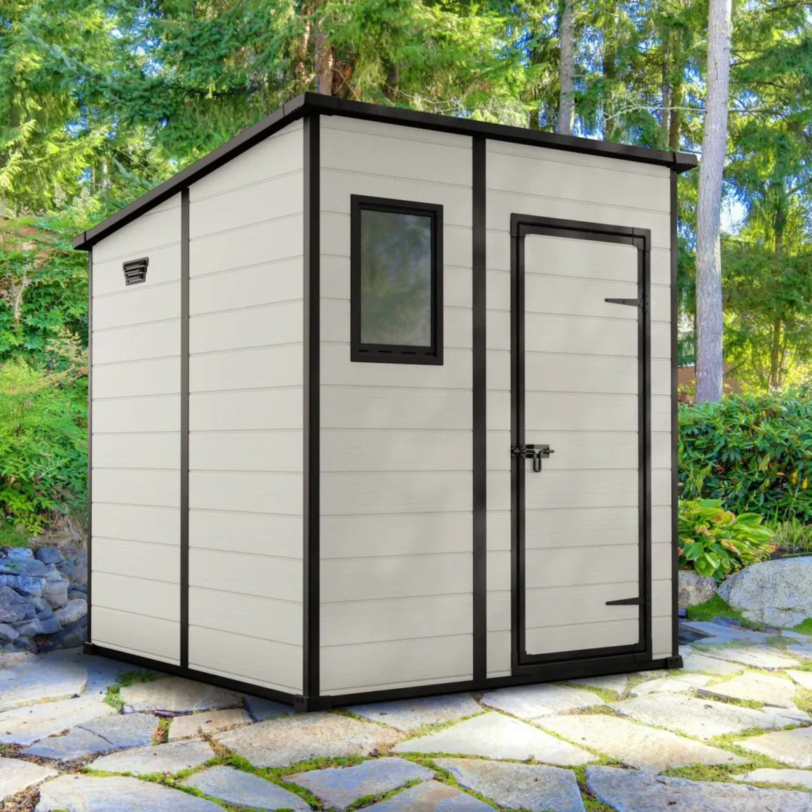 Casette Da Giardino > Dmora Casetta da Giardino Beige Nero Resistente Agli Agenti Atmosferici Presenza Finestre 185x152x226h cm, Tetto a due Falde - Sheboygan Nero, Beige