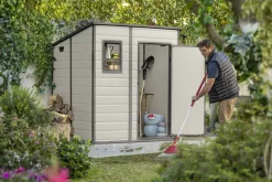 Casette Da Giardino > Dmora Casetta da Giardino Beige Nero Resistente Agli Agenti Atmosferici Presenza Finestre 185x152x226h cm, Tetto a due Falde - Sheboygan Nero, Beige