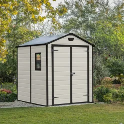Casetta da Giardino Beige Nero Resistente Agli Agenti Atmosferici Presenza Finestre 186x237x227h cm, Tetto a due Falde - Wadena