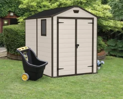 Casetta da Giardino Beige Nero Resistente Agli Agenti Atmosferici Presenza Finestre 186x237x227h cm, Tetto a due Falde - Wadena