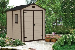 Casetta da Giardino Beige Nero Resistente Agli Agenti Atmosferici Presenza Finestre 186x237x227h cm, Tetto a due Falde - Wadena