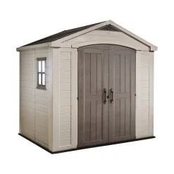 Casetta da Giardino Beige Nero Resistente Agli Agenti Atmosferici Presenza Finestre 257x182x243h cm, Tetto a due Falde - Vandalia