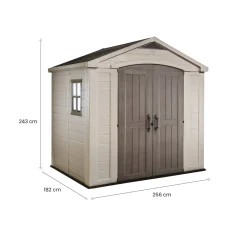 Casetta da Giardino Beige Nero Resistente Agli Agenti Atmosferici Presenza Finestre 257x182x243h cm, Tetto a due Falde - Vandalia