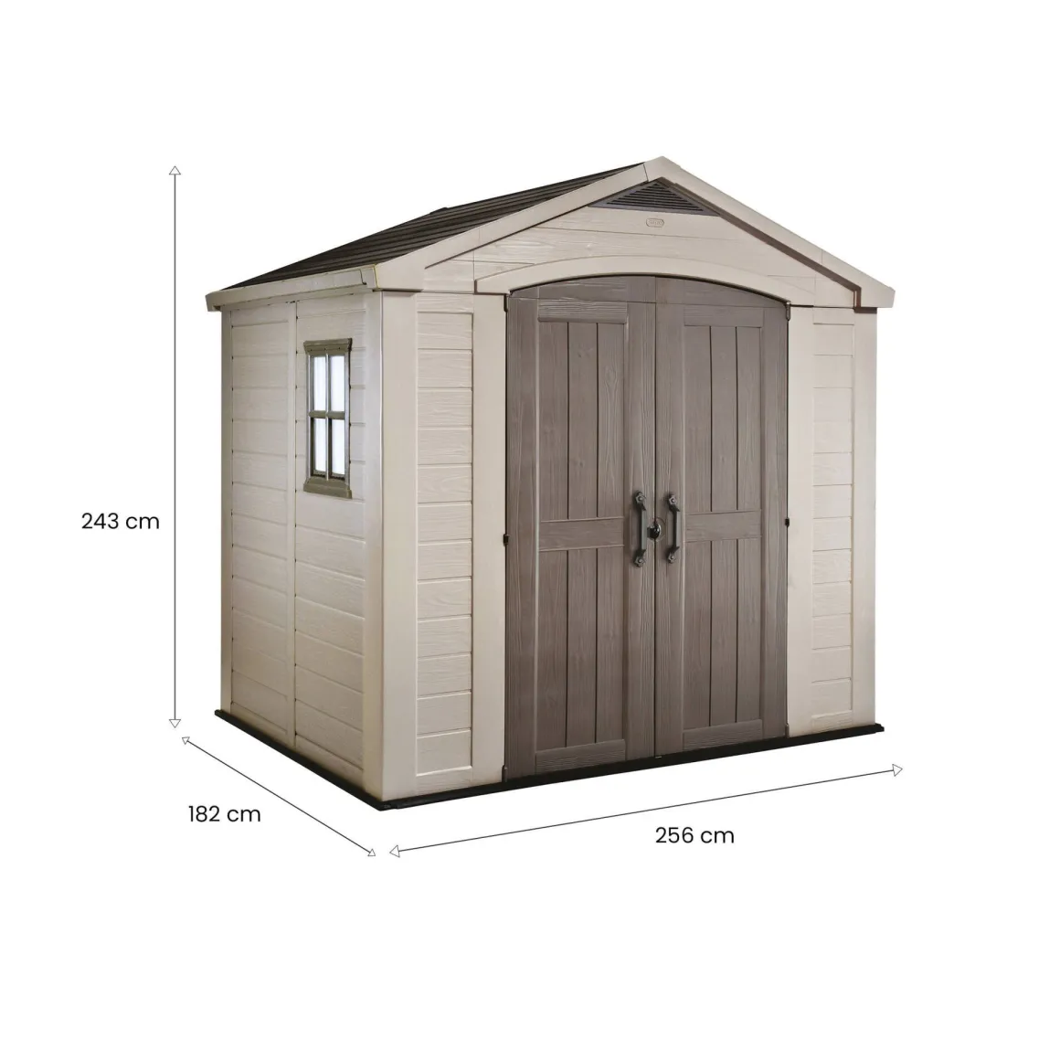 Casetta da Giardino Beige Nero Resistente Agli Agenti Atmosferici Presenza Finestre 257x182x243h cm, Tetto a due Falde - Vandalia