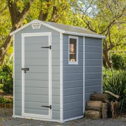 Casette Da Giardino > Dmora Casetta da Giardino Grigio Bianco Resistente Agli Agenti Atmosferici Presenza Finestre 130x192x198h cm, Tetto a due Falde - Stillman Bianco, Grigio