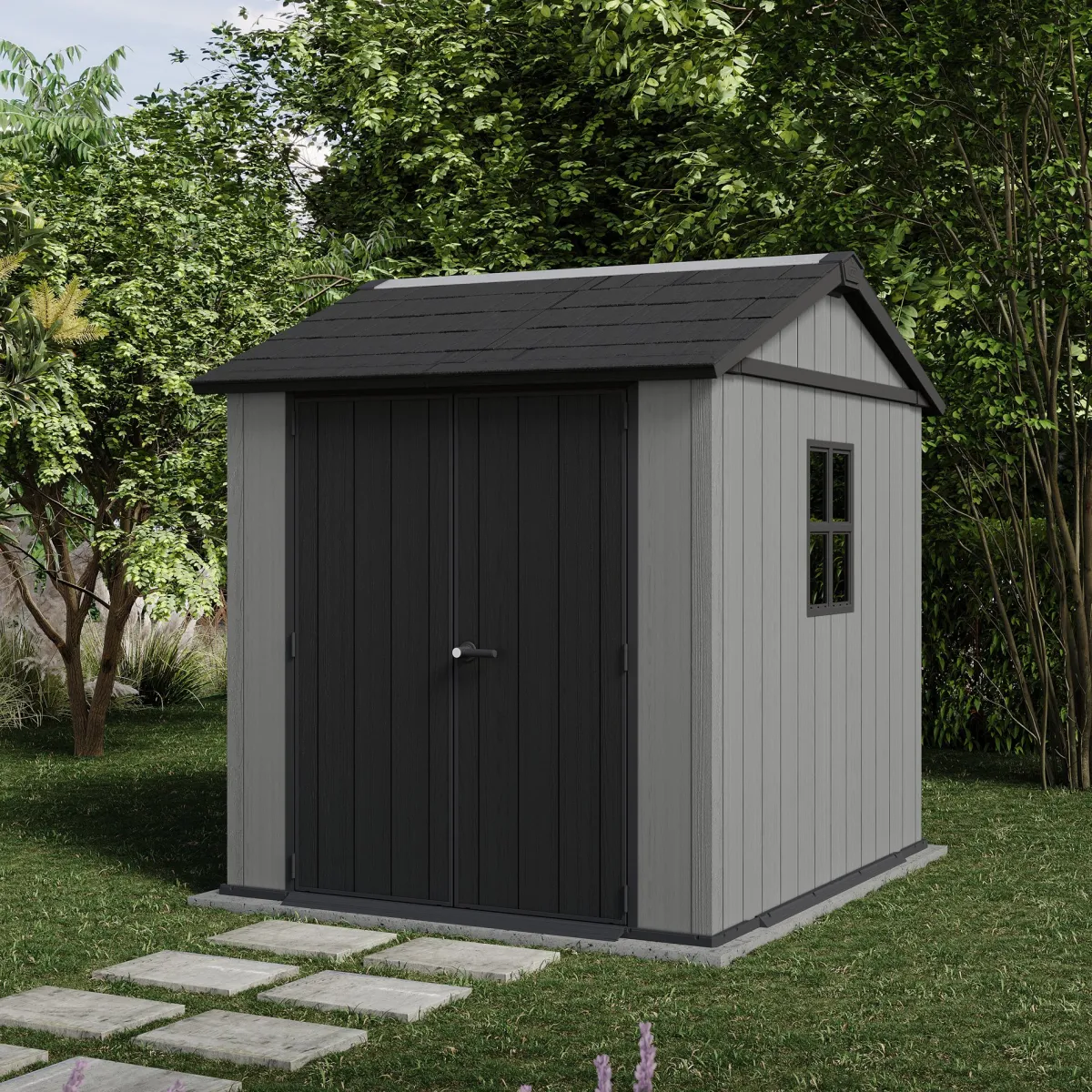 Casette Da Giardino > Dmora Casetta da Giardino Grigio Nero Lucchettabile, Finitura in Resina Presenza Finestre 230x224x246h cm, Tetto a due Falde - Oneonta Nero, Grigio
