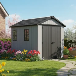 Casetta da Giardino Grigio Nero Lucchettabile, Finitura in Resina Presenza Finestre 230x287x246h cm, Tetto a due Falde - Perham