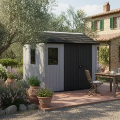 Casetta da Giardino Grigio Nero Lucchettabile, Finitura in Resina Presenza Finestre 230x287x246h cm, Tetto a due Falde - Perham