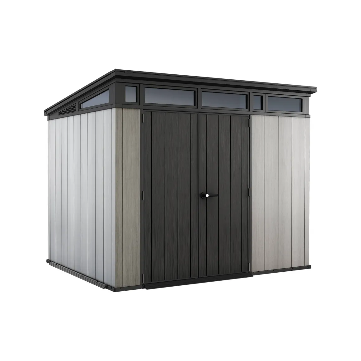 Casette Da Giardino > Dmora Casetta da Giardino Grigio Nero Resistente Agli Agenti Atmosferici Presenza Finestre 229x224x242h cm, Tetto a due Falde - Sunbury Nero, Grigio