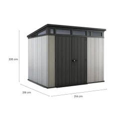 Casette Da Giardino > Dmora Casetta da Giardino Grigio Nero Resistente Agli Agenti Atmosferici Presenza Finestre 229x224x242h cm, Tetto a due Falde - Sunbury Nero, Grigio