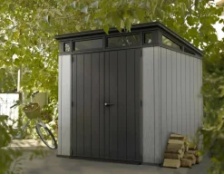 Casette Da Giardino > Dmora Casetta da Giardino Grigio Nero Resistente Agli Agenti Atmosferici Presenza Finestre 229x224x242h cm, Tetto a due Falde - Sunbury Nero, Grigio