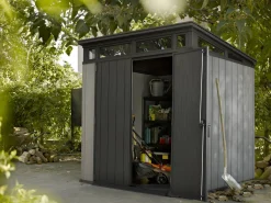 Casette Da Giardino > Dmora Casetta da Giardino Grigio Nero Resistente Agli Agenti Atmosferici Presenza Finestre 229x224x242h cm, Tetto a due Falde - Sunbury Nero, Grigio