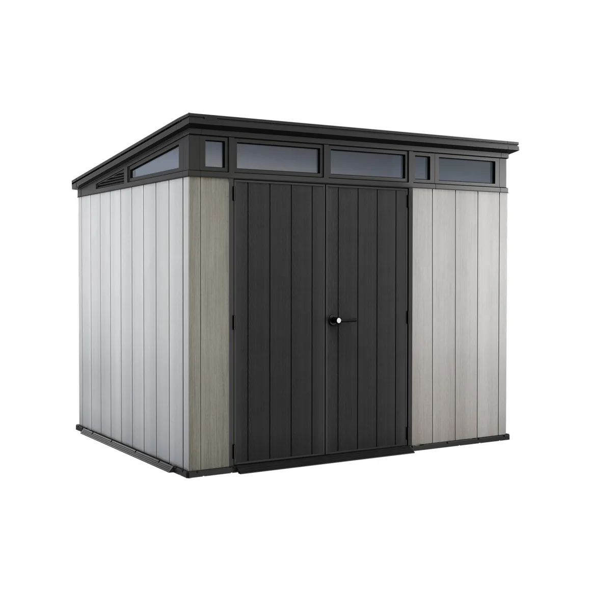 Casetta da Giardino Grigio Nero Resistente Agli Agenti Atmosferici Presenza Finestre 277x218x226h cm, Tetto a due Falde - Whitehall