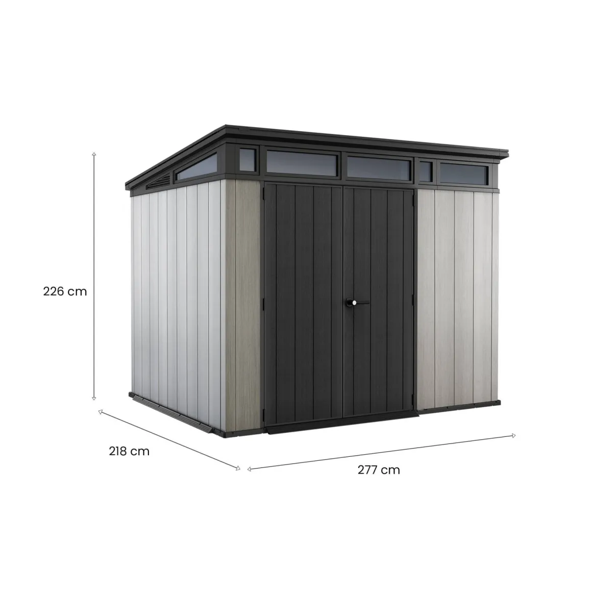 Casetta da Giardino Grigio Nero Resistente Agli Agenti Atmosferici Presenza Finestre 277x218x226h cm, Tetto a due Falde - Whitehall