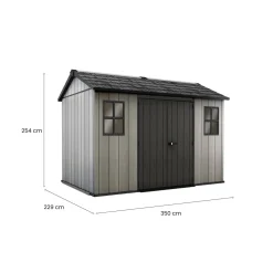 Casetta da Giardino Grigio Nero Resistente Agli Agenti Atmosferici Presenza Finestre 350x229x254h cm, Tetto a due Falde - Dartmouth