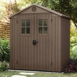 Casette Da Giardino > Dmora Casetta da Giardino Marrone Nero Resistente Agli Agenti Atmosferici Presenza Finestre 190x183x221h cm, Tetto a due Falde - Savanna Nero, Marrone
