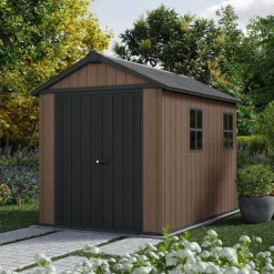 Casette Da Giardino > Dmora Casetta da Giardino Marrone Nero Resistente Agli Agenti Atmosferici Presenza Finestre 230x350x246h cm, Tetto a due Falde - Rockport Nero, Marrone