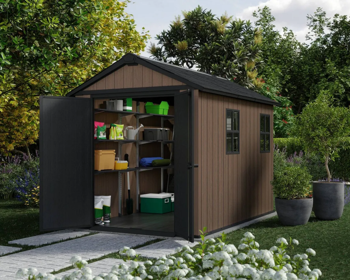 Casette Da Giardino > Dmora Casetta da Giardino Marrone Nero Resistente Agli Agenti Atmosferici Presenza Finestre 230x350x246h cm, Tetto a due Falde - Rockport Nero, Marrone