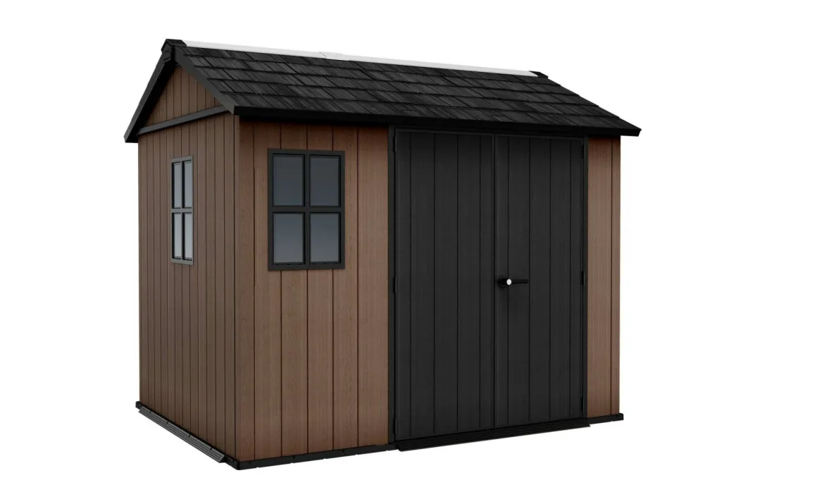 Casette Da Giardino > Dmora Casetta da Giardino Marrone Nero Resistente Agli Agenti Atmosferici Presenza Finestre 230x350x246h cm, Tetto a due Falde - Rockport Nero, Marrone