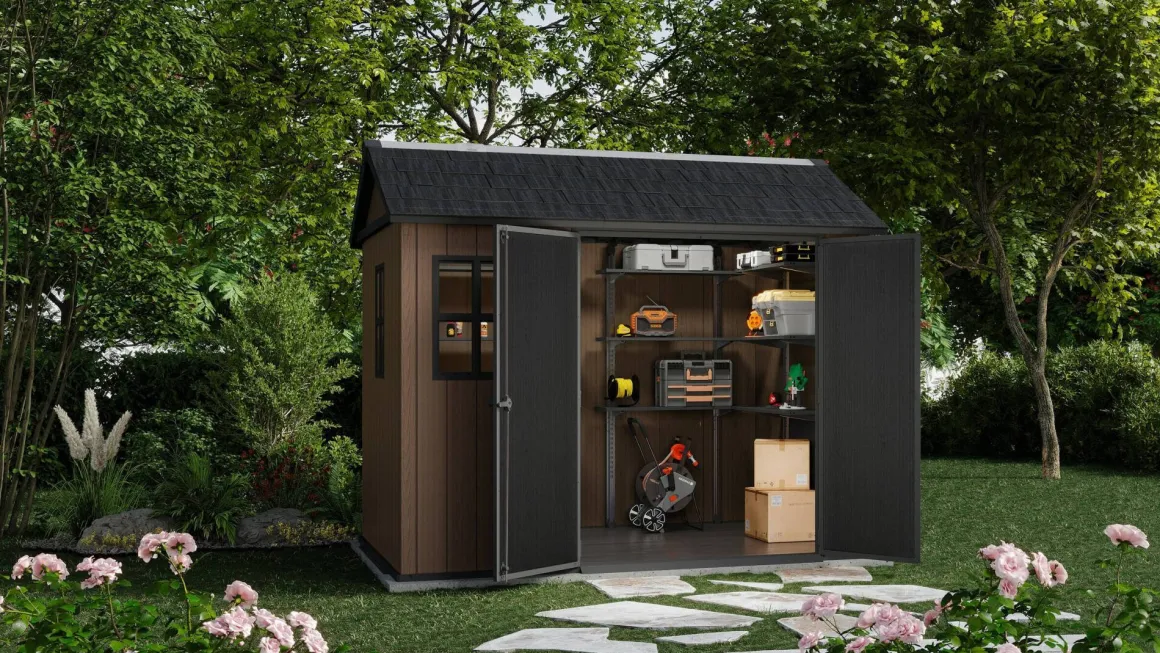 Casette Da Giardino > Dmora Casetta da Giardino Marrone Nero Resistente Agli Agenti Atmosferici Presenza Finestre 230x350x246h cm, Tetto a due Falde - Rockport Nero, Marrone