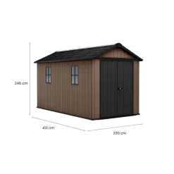 Casetta da Giardino Marrone Nero Resistente Agli Agenti Atmosferici Presenza Finestre 230x413x246h cm, Tetto a due Falde - Ponca