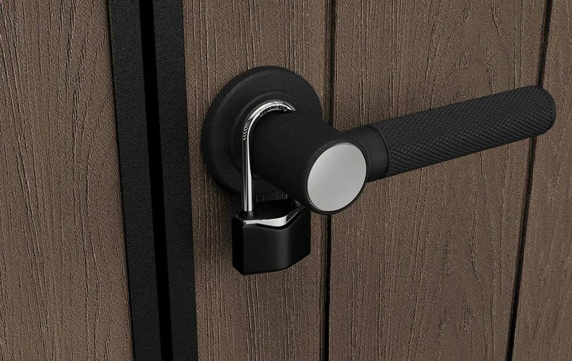 Casetta da Giardino Marrone Nero Resistente Agli Agenti Atmosferici Presenza Finestre 230x413x246h cm, Tetto a due Falde - Ponca