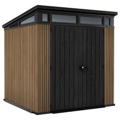 Casette Da Giardino > Dmora Casetta da Giardino Marrone Noce Nero Lucchettabile, Finitura in Resina Presenza Finestre 277x218x226h cm, Tetto a una Falda - Newberry Nero, Marrone Noce