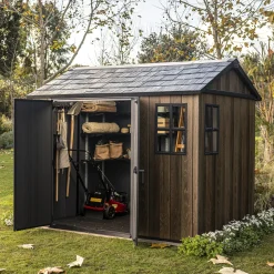 Casette Da Giardino > Dmora Casetta da Giardino Marrone Noce Nero Lucchettabile, Finitura in Resina Presenza Finestre 340x218x226h cm, Tetto a una Falda - Northfield Nero, Marrone Noce