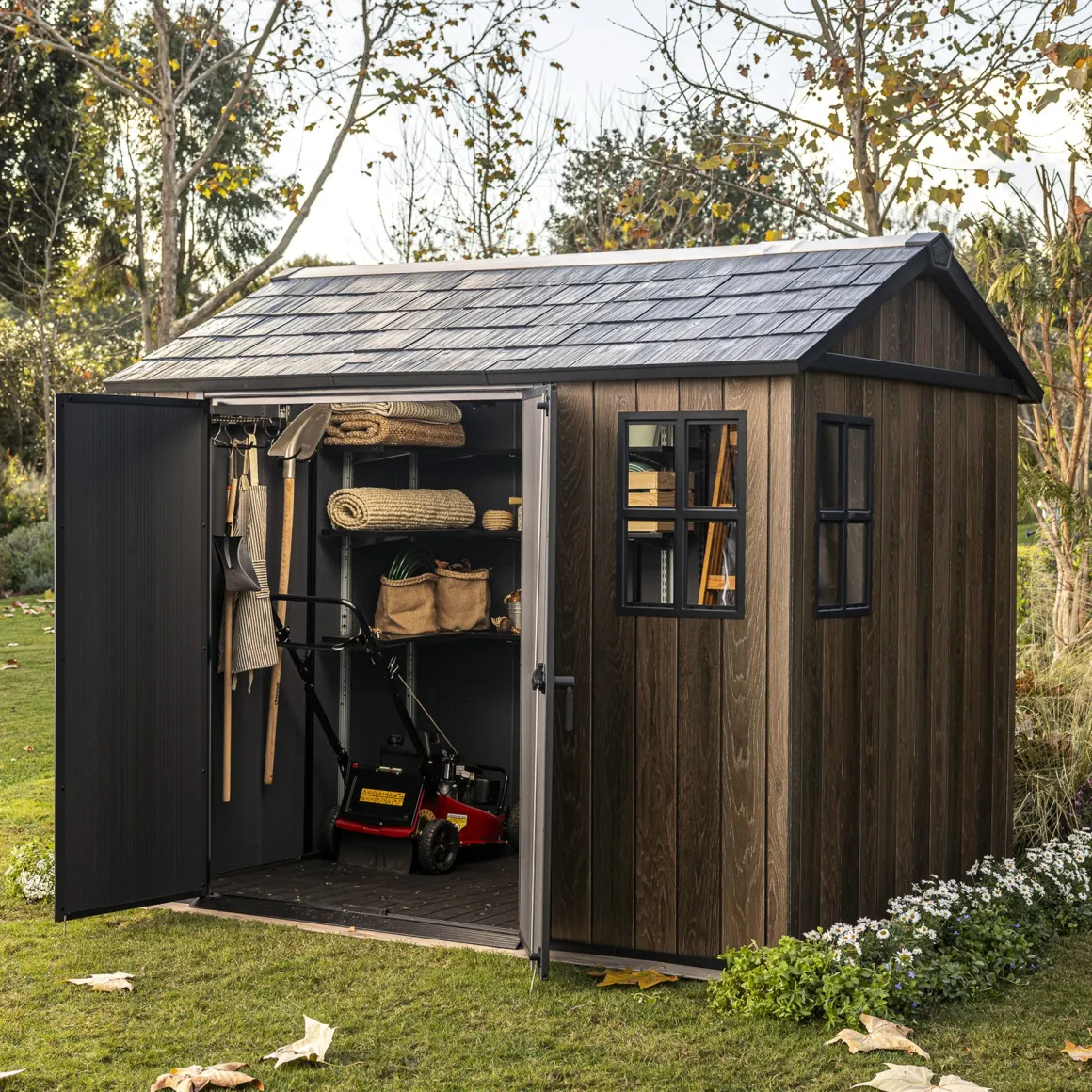 Casette Da Giardino > Dmora Casetta da Giardino Marrone Noce Nero Lucchettabile, Finitura in Resina Presenza Finestre 340x218x226h cm, Tetto a una Falda - Northfield Nero, Marrone Noce
