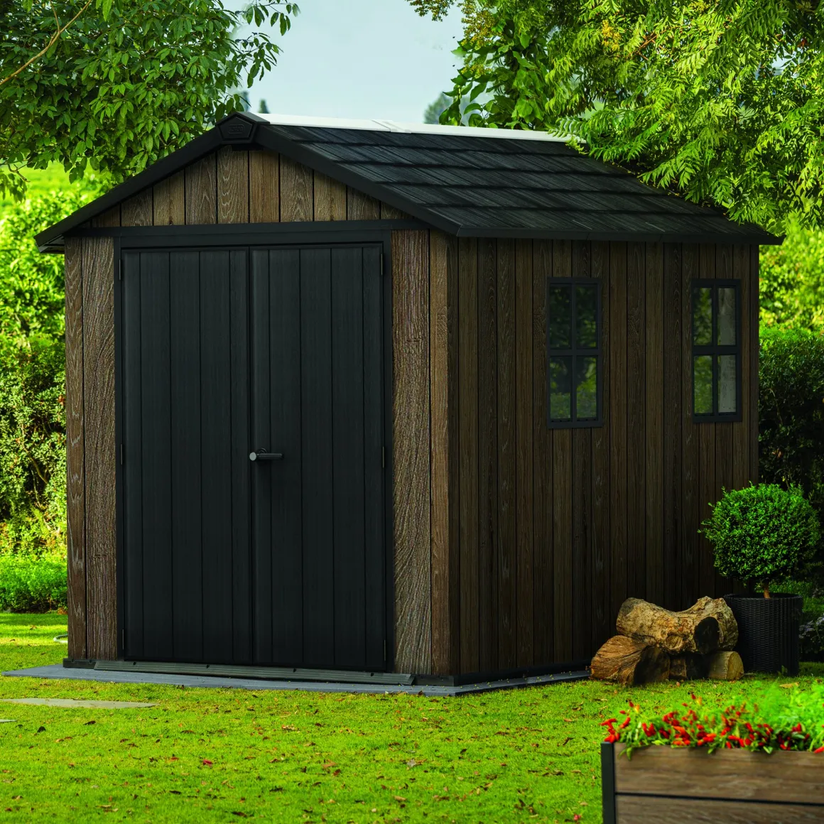 Casette Da Giardino > Dmora Casetta da Giardino Marrone Noce Nero Lucchettabile, Finitura in Resina Presenza Finestre 340x218x226h cm, Tetto a una Falda - Northfield Nero, Marrone Noce