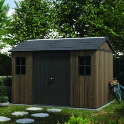 Casette Da Giardino > Dmora Casetta da Giardino Marrone Noce Nero Pavimento Rialzato, Modulabile, Lucchettabile Presenza Finestre 224x230x246h cm, Tetto a due Falde - Mattoon Nero, Marrone Noce