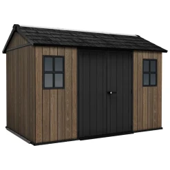 Casette Da Giardino > Dmora Casetta da Giardino Marrone Noce Nero Pavimento Rialzato, Modulabile, Lucchettabile Presenza Finestre 224x230x246h cm, Tetto a due Falde - Mattoon Nero, Marrone Noce