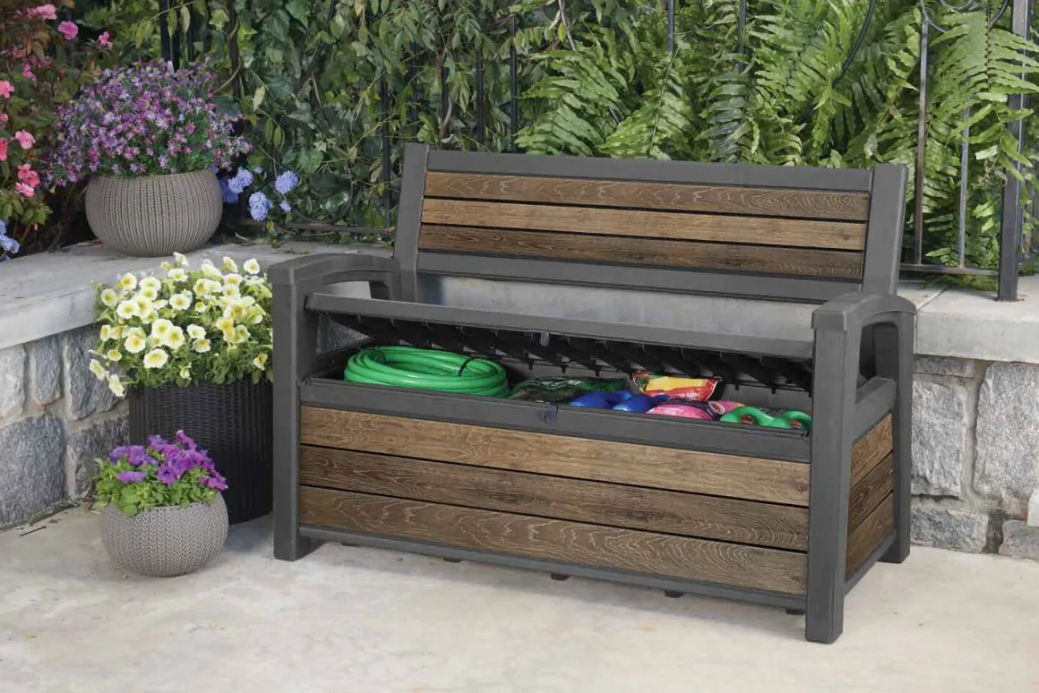 Cassapanche|Cassapanche Da Esterno > Dmora Cassapanca da giardino con schienale 140x60x84h cm e beige - Chestermere Marrone