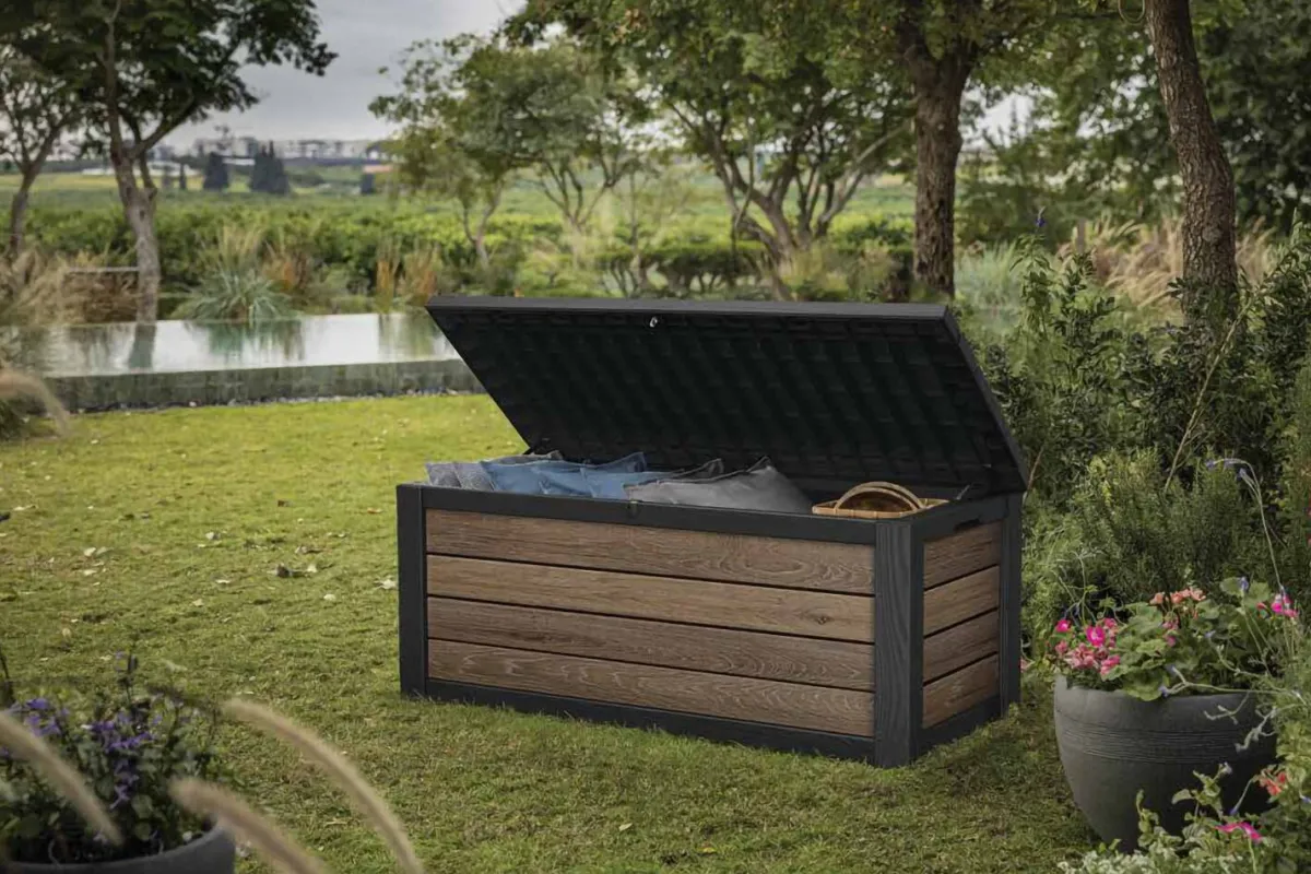 Cassapanche|Cassapanche Da Esterno > Dmora Cassapanca outdoor 151x72x70h cm effetto legno - Brantford Marrone Noce