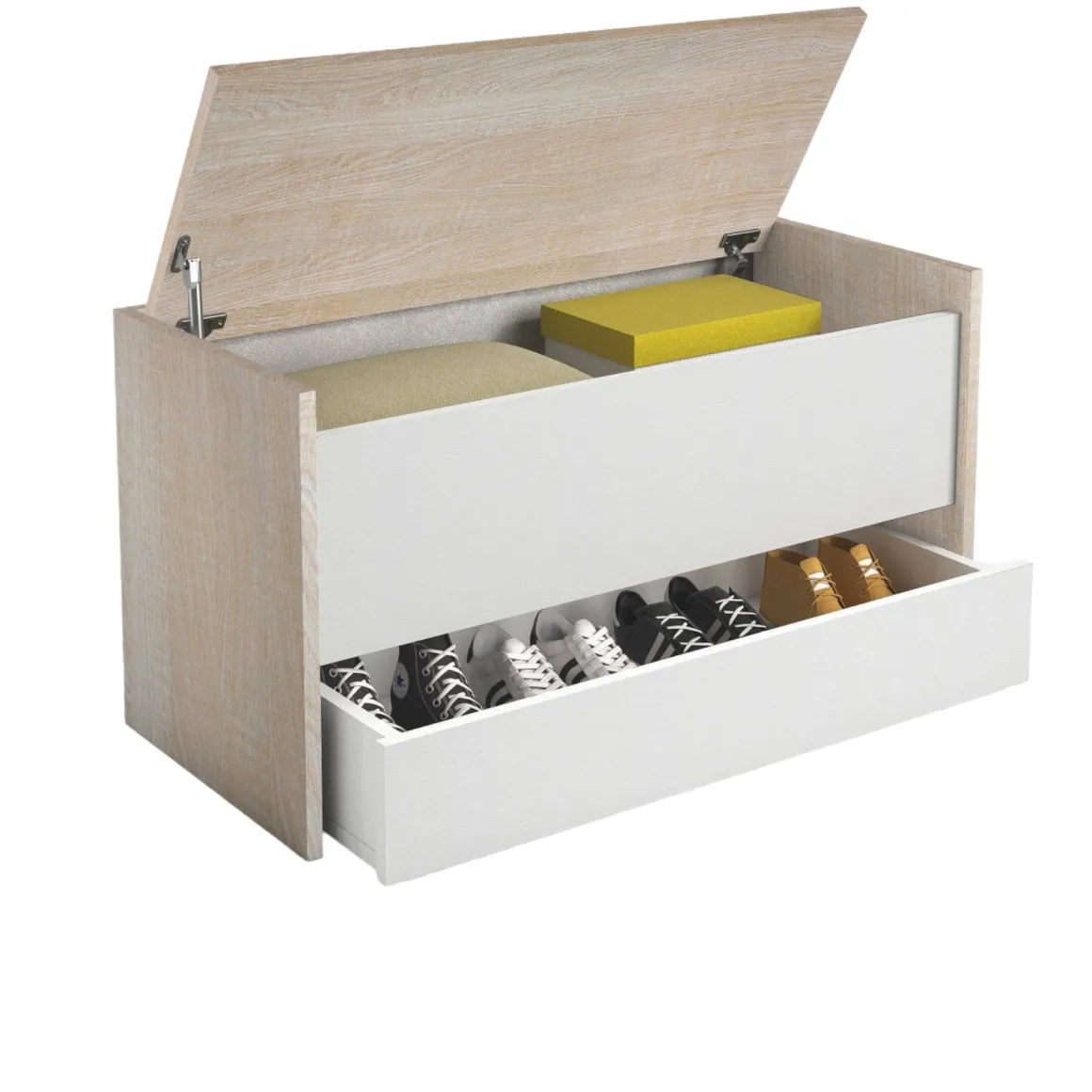 Cassapanca salvaspazio in legno 90x40x46h cm bianca e rovere - Sogno