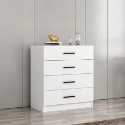 Cassettiera Bianco 4 Cassetti Apertura Scorrevole 90x47x100h cm, Chiusura Scorrevole - Lierna