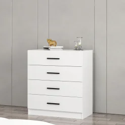 Cassettiera Bianco 4 Cassetti Apertura Scorrevole 90x47x100h cm, Chiusura Scorrevole - Lierna