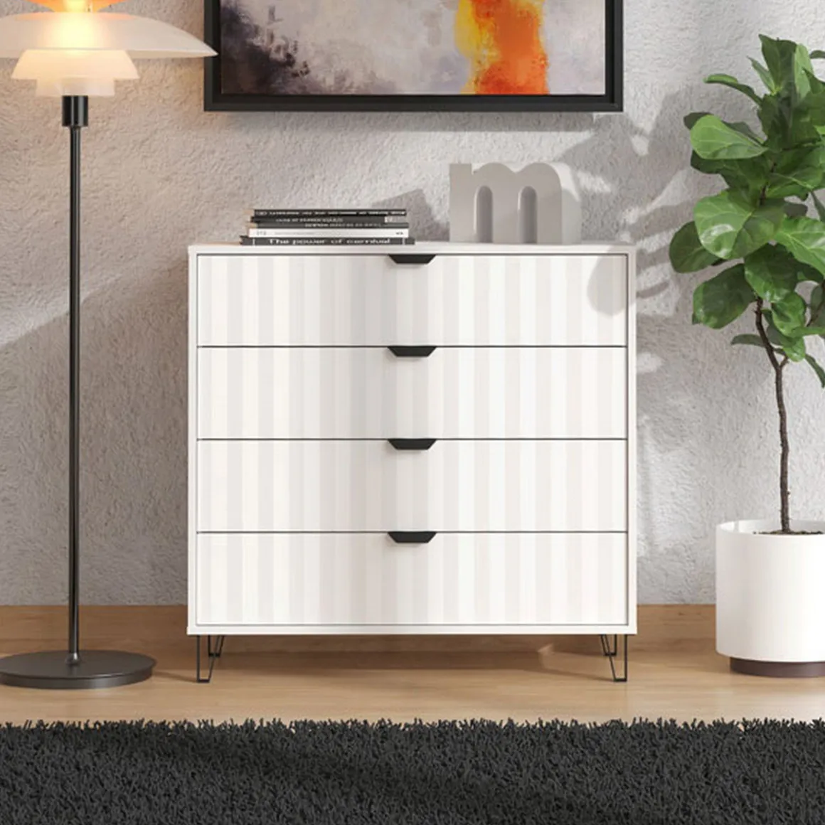 Cassettiera Bianco Grigio 4 Cassetti Apertura Scorrevole 93x40x90h cm, Chiusura Scorrevole - Maggiora