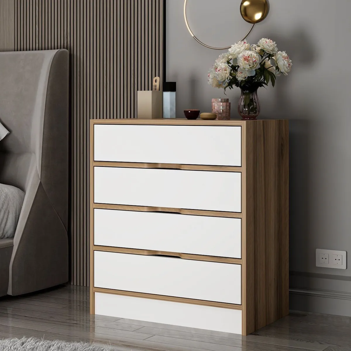 Cassettiere > Dmora Cassettiera Bianco Marrone Noce 4 Cassetti Apertura Scorrevole 70x40x80h cm, Chiusura Scorrevole - Lallio Marrone, Bianco Noce