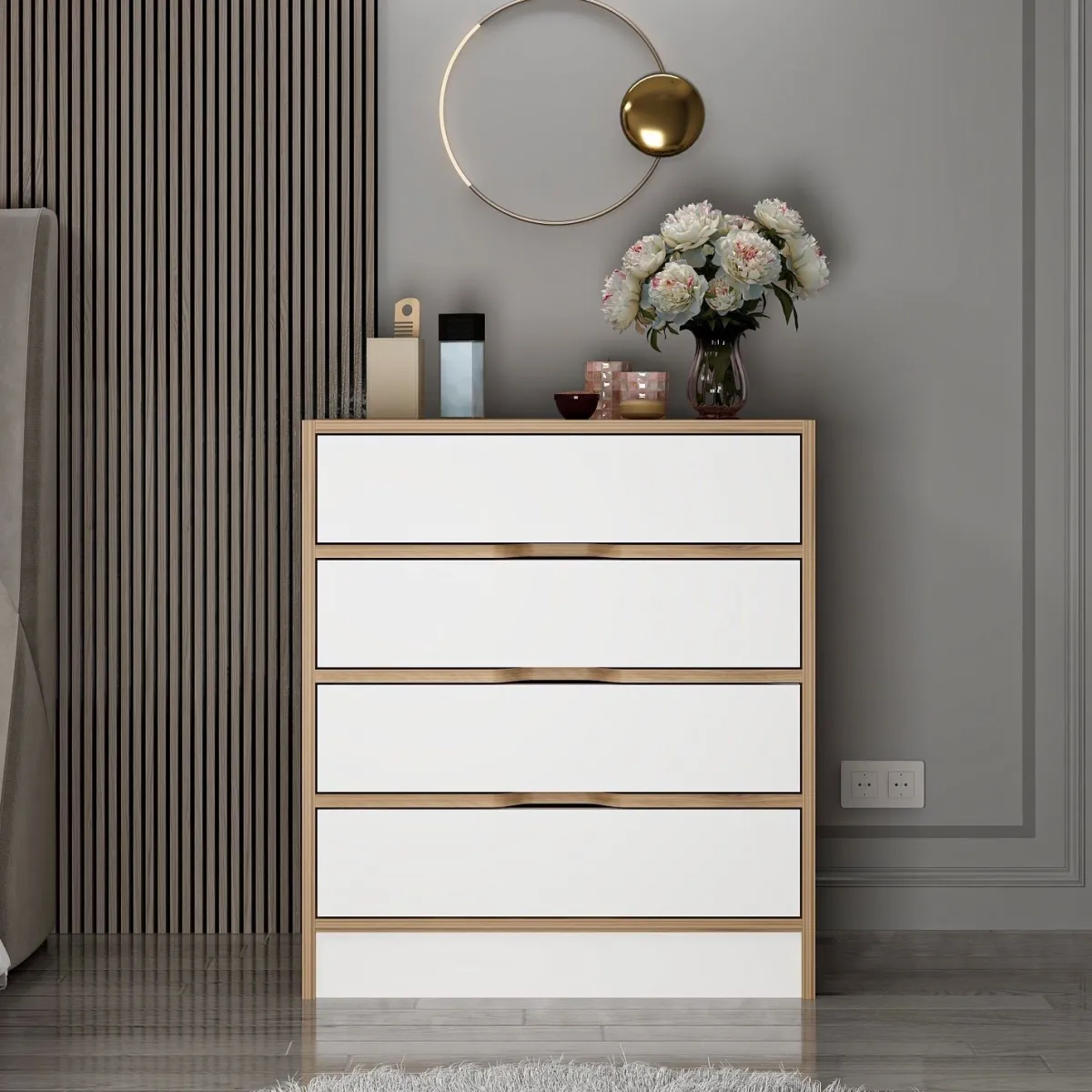 Cassettiere > Dmora Cassettiera Bianco Marrone Noce 4 Cassetti Apertura Scorrevole 70x40x80h cm, Chiusura Scorrevole - Lallio Marrone, Bianco Noce
