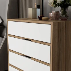Cassettiere > Dmora Cassettiera Bianco Marrone Noce 4 Cassetti Apertura Scorrevole 70x40x80h cm, Chiusura Scorrevole - Lallio Marrone, Bianco Noce