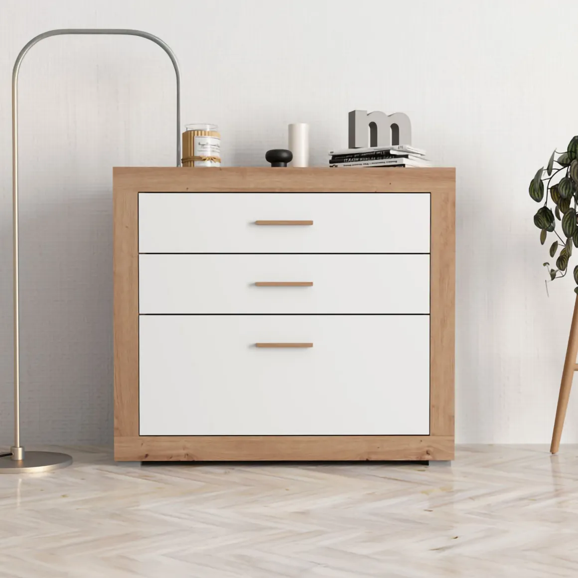 Cassettiere > Dmora Cassettiera Bianco Marrone Rovere 4 Cassetti Apertura Scorrevole 70x39x98h cm, Chiusura Scorrevole - Salimbene Marrone, Bianco Rovere