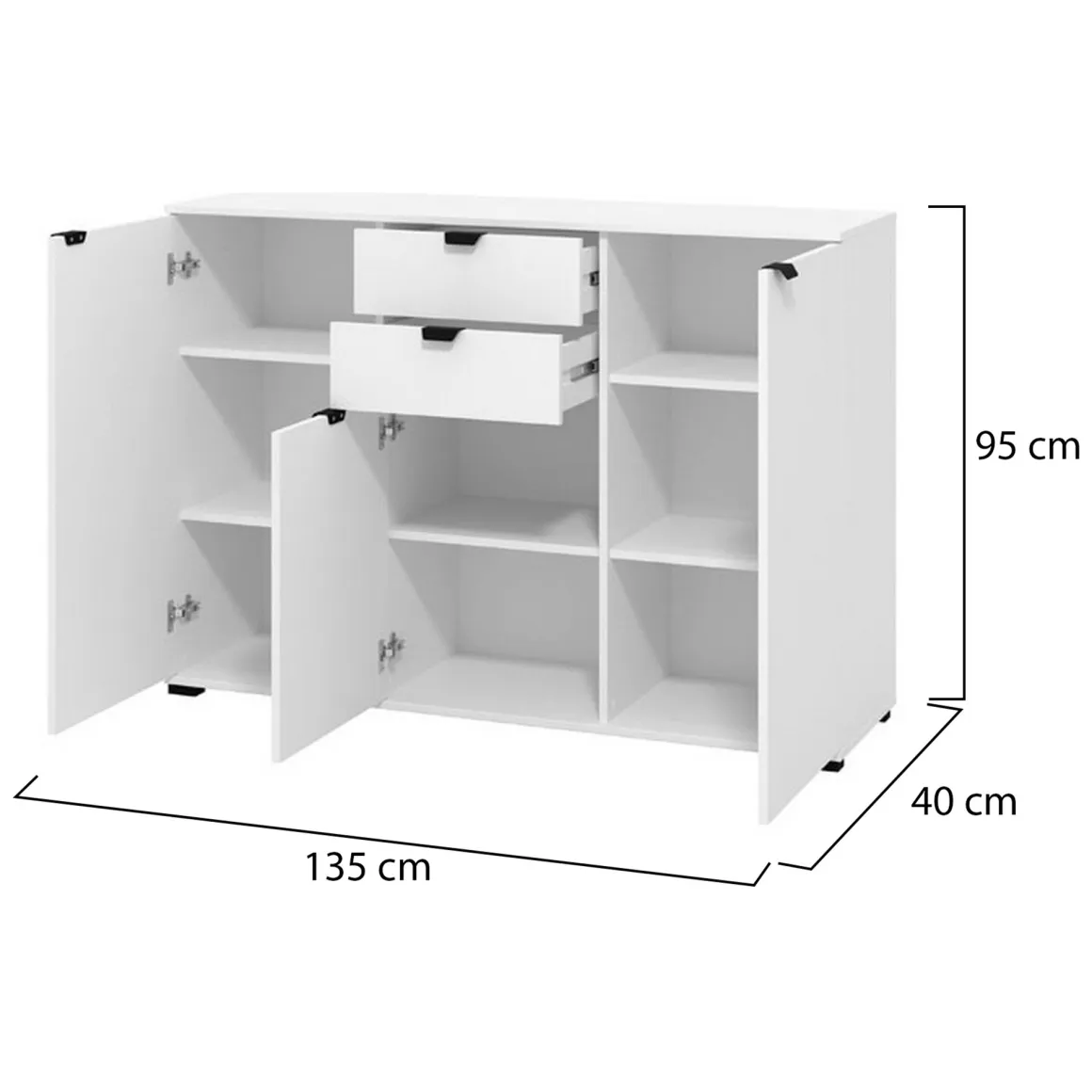 Cassettiera Bianco Nero 2 Cassetti Apertura Battente, Scorrevole 135x40x95h cm, Chiusura Battente, Scorrevole - Mainarda