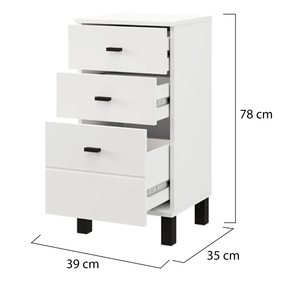 Cassettiera Bianco Nero 3 Cassetti con Piedini 39x35x78h cm, Apertura Scorrevole - Vilcab