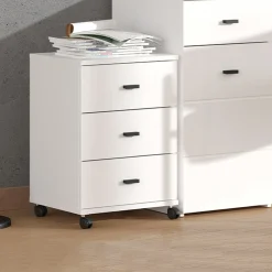 Cassettiera Bianco Opaco Nero 3 Cassetti con Ruote 39x35x56h cm, Apertura Scorrevole - Kaza