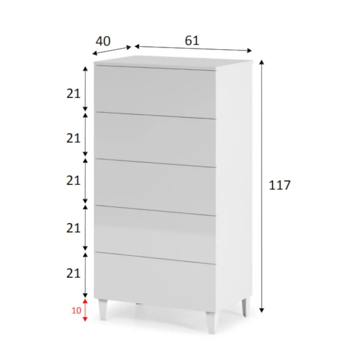 Cassettiera 5 cassetti bianca 61x117h cm - Aaron