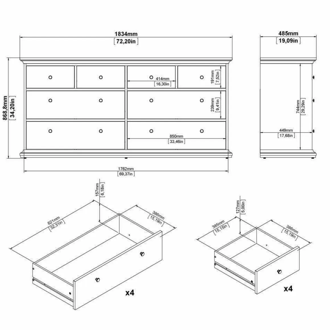 Cassettiera 8 cassetti bianca 183x86h cm - Asiagela