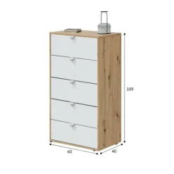 Cassettiere > Dmora Cassettiera 5 cassetti legno bianca 60x109h cm - Praha Marrone, Bianco Rovere Nodi